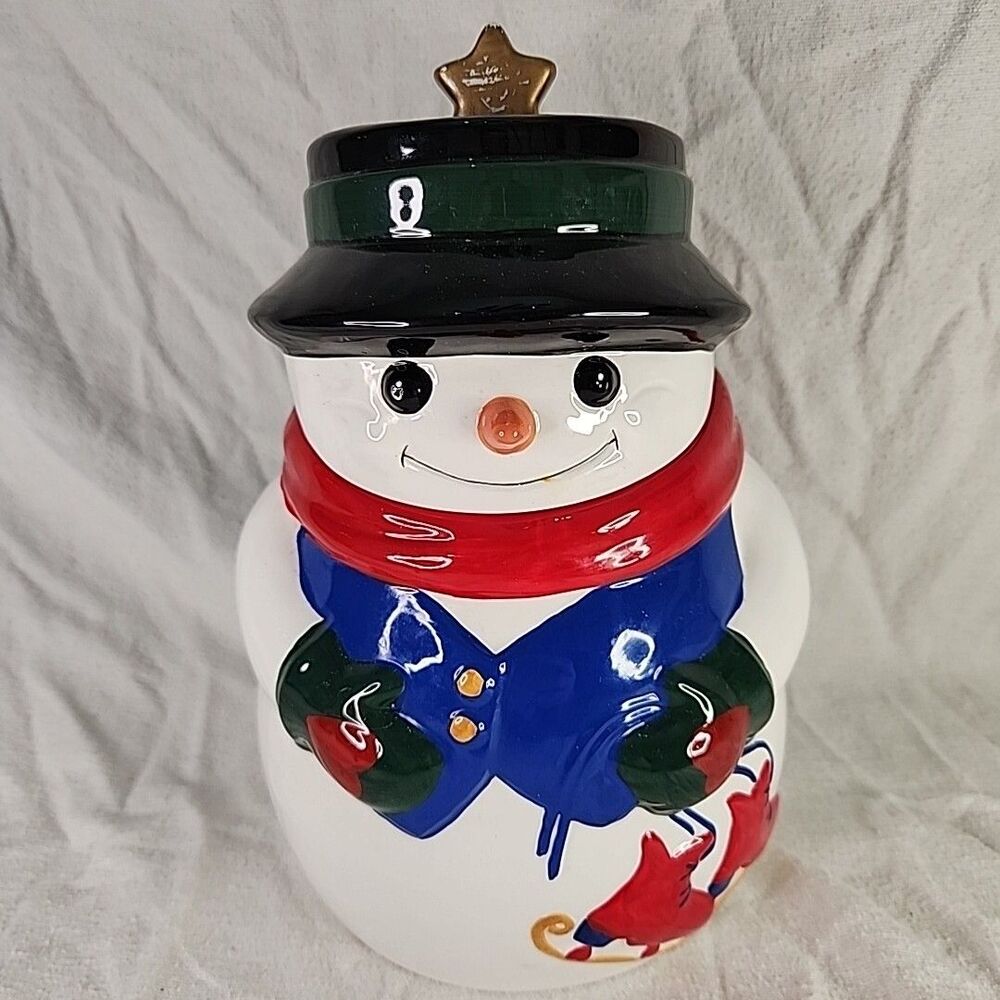 Snowman Cookie Jar Hand Painted Ceramic In Box Christmas Kmart Vintage